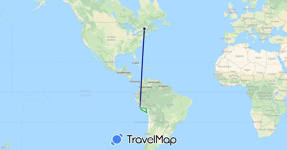 TravelMap itinerary: driving, bus, plane in Canada, Peru (North America, South America)